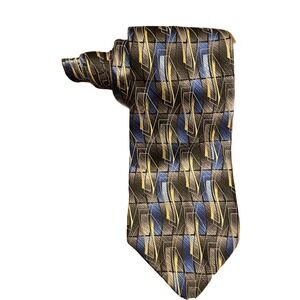 George Machado Mens Neck Tie Necktie Silk Geometric  Brown Silver Blue Black